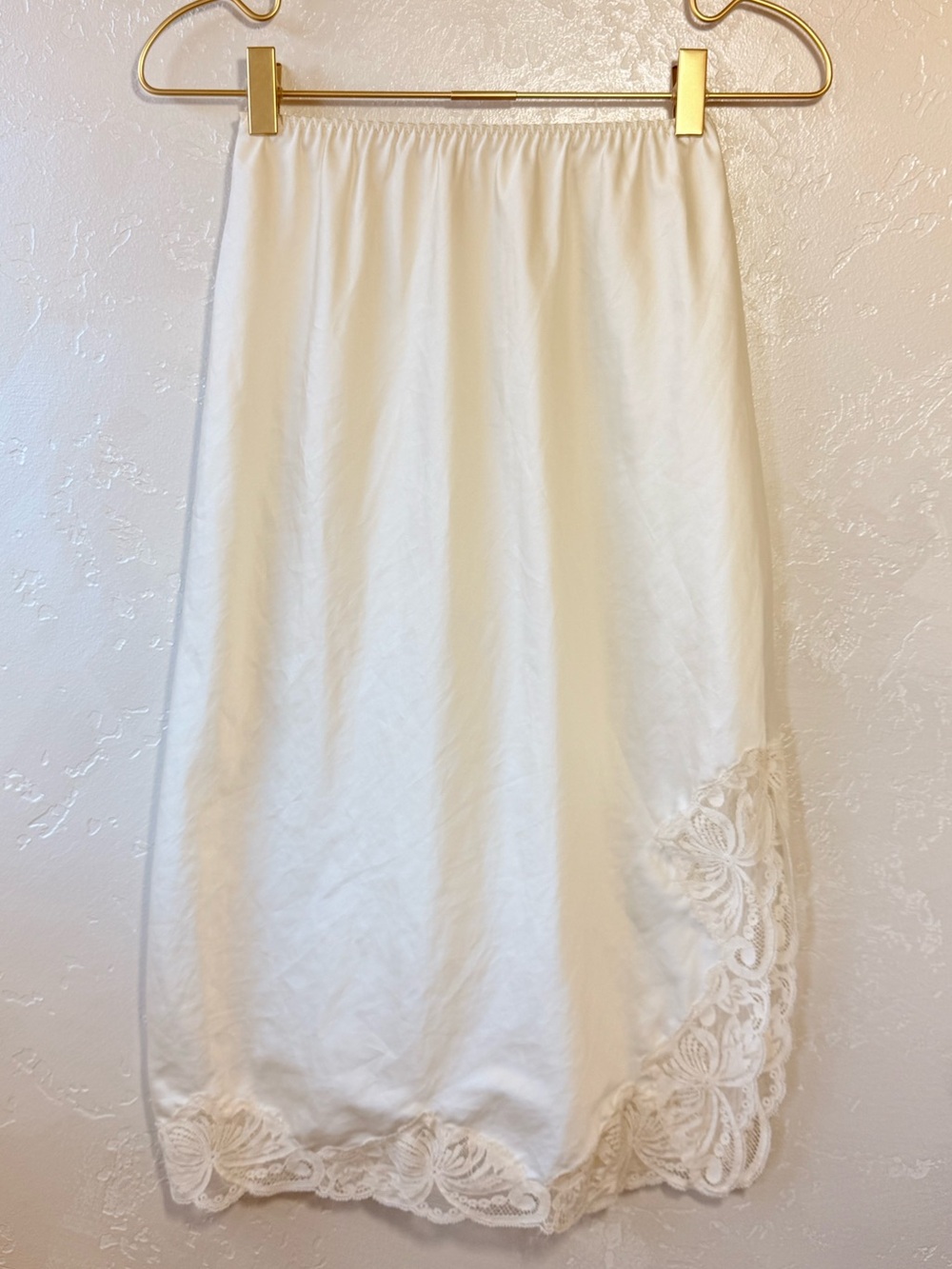 Vintage Ivory Satin Slip Skirt with Floral Lace | Romantic Lingerie | XS